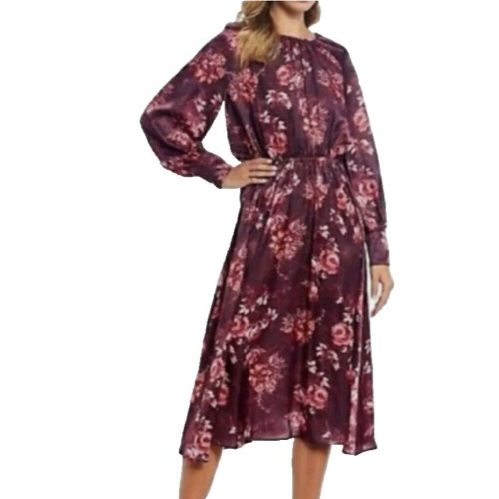 Alex Marie Midi Dress 8 Burgundy Pink Long Sleeve Stretch Career Church Washable